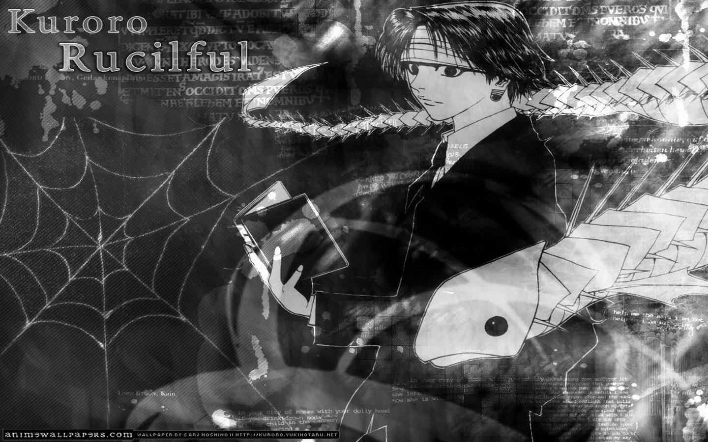 A black-and-white illustration of Kuroro Lucilfer from the anime Hunter x Hunter, featuring a web-like background and dramatic lighting.
