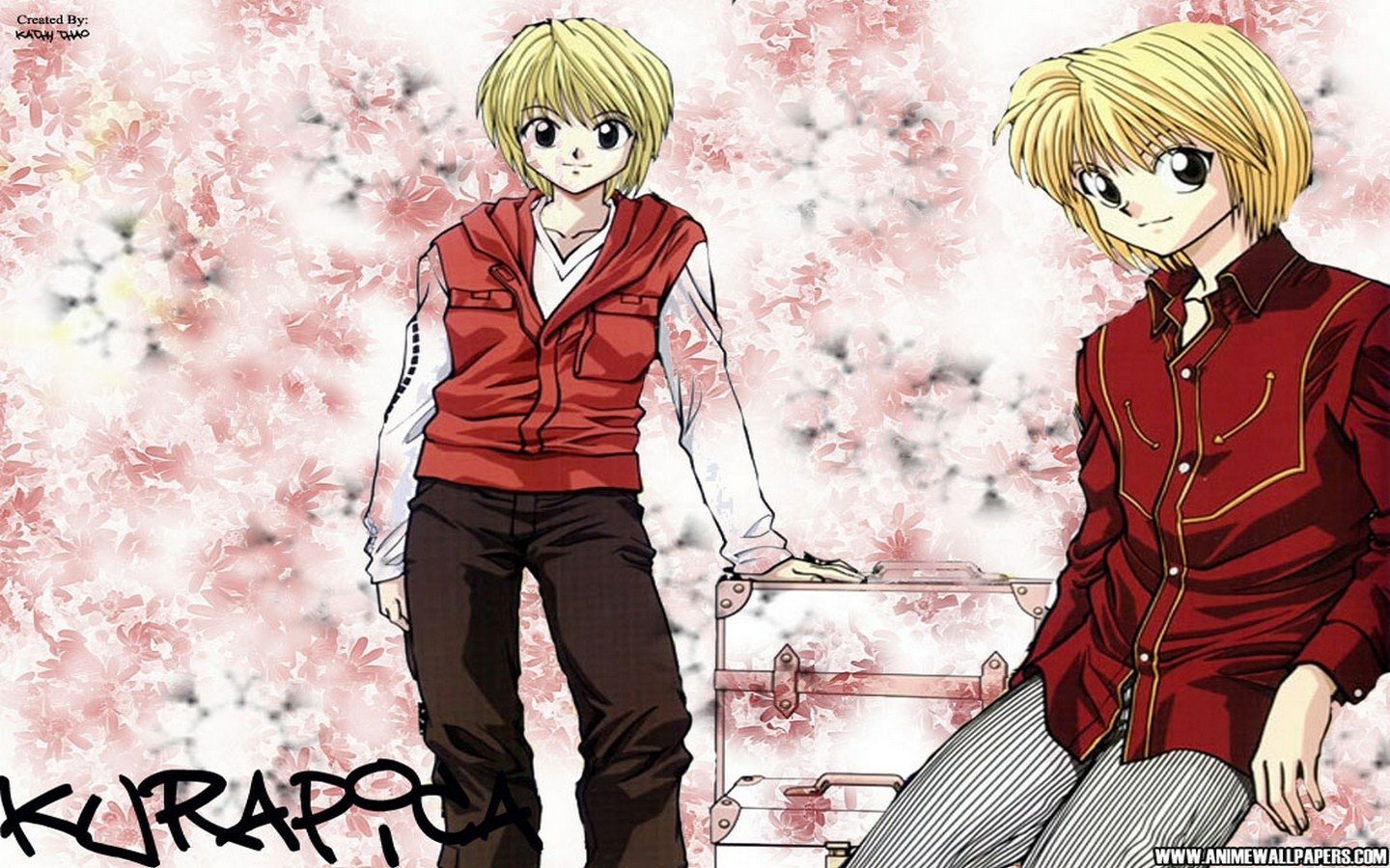 Kurapika from Hunter × Hunter, depicted in a colorful anime style, stands in two poses against a floral background, showcasing his distinct appearance and character.