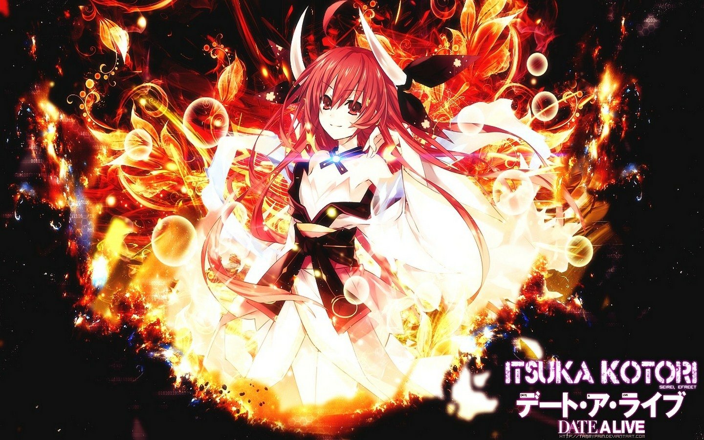 A vibrant anime illustration featuring Itsuka Kotori from Date A Live, surrounded by fiery elements, showcasing her dynamic and enchanting presence.