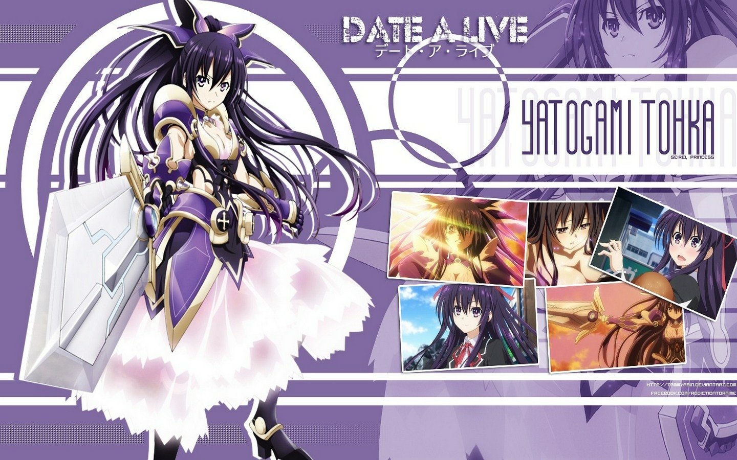 Tohka Yatogami from the anime Date A Live stands confidently with her weapon, surrounded by vibrant scenes showcasing her character's journey and battles.
