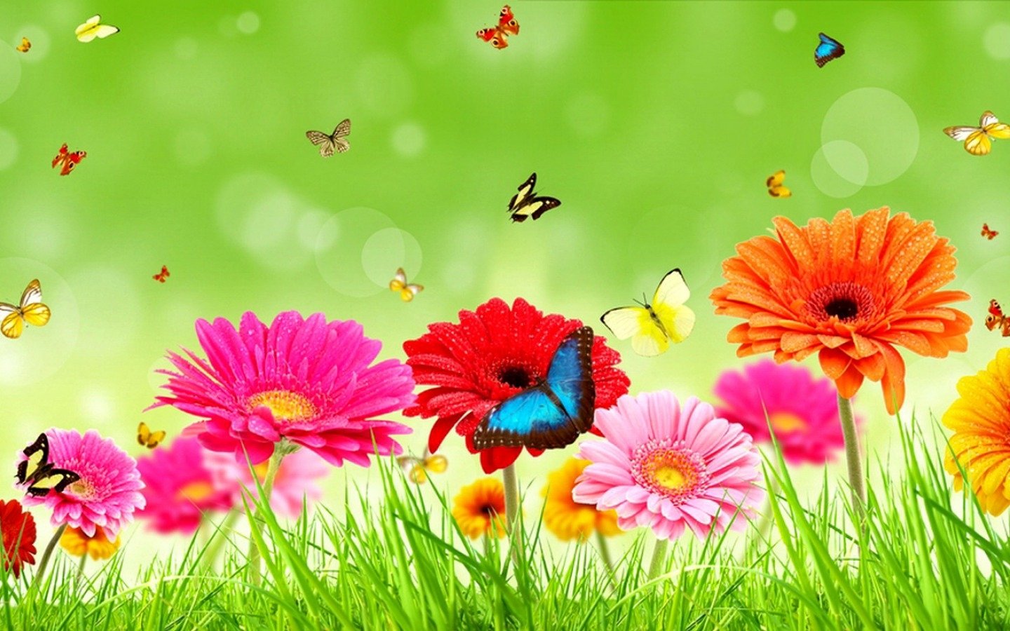 Close-up of colorful gerbera flowers in vibrant spring grass with various butterflies fluttering against a soft green artistic background.