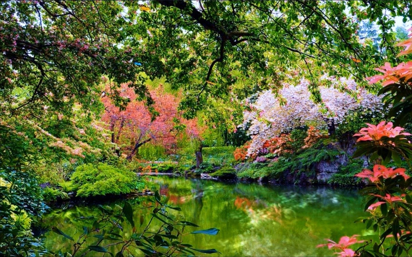A vibrant garden scene features a tranquil pond surrounded by lush shrubs and colorful blossoms, showcasing the beauty of spring in a man-made oasis of nature.