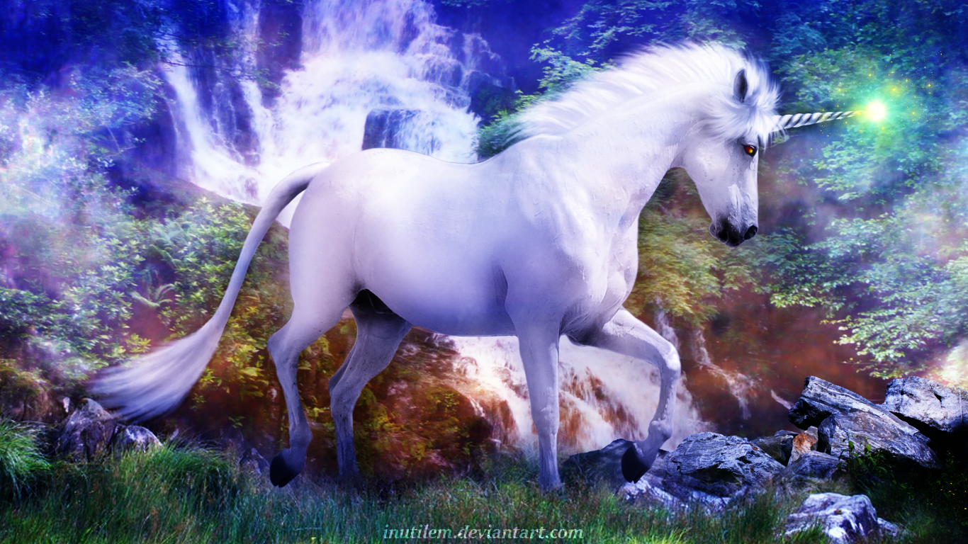 A majestic unicorn wanders through a lush, magical landscape, with a shimmering waterfall cascading in the background, embodying the essence of fantasy and enchantment.