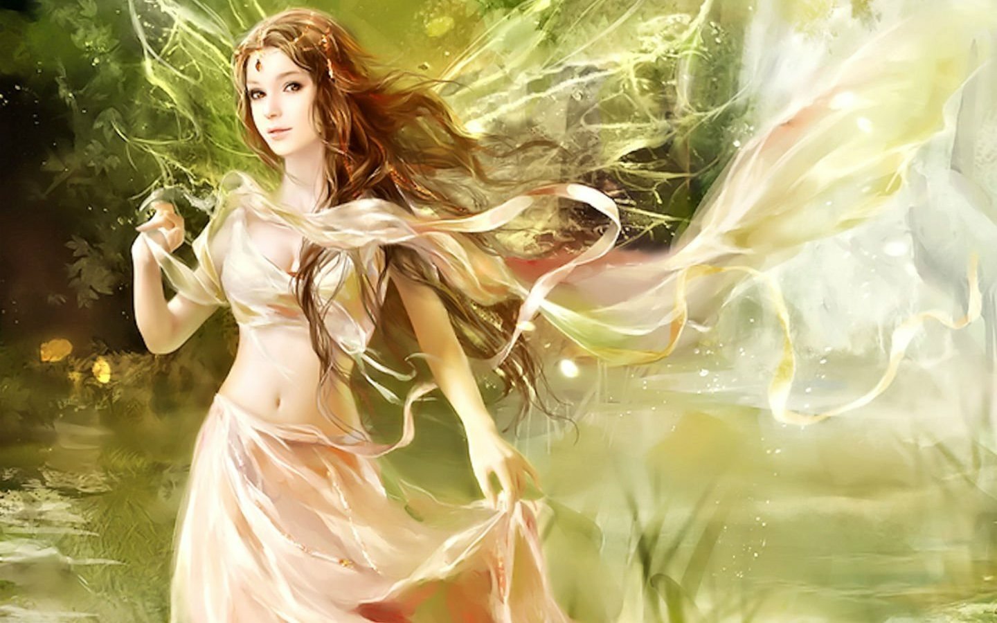 A mystical figure with flowing hair, draped in ethereal fabric, spreads her delicate wings in a vibrant, enchanting landscape, embodying the essence of fantasy and angelic grace.