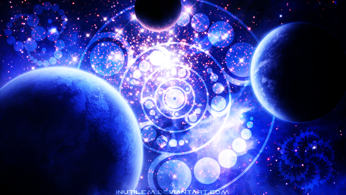 A vibrant sci-fi space scene featuring blue planets, glowing stars, and intricate crop circle patterns swirling in a cosmic spiral.