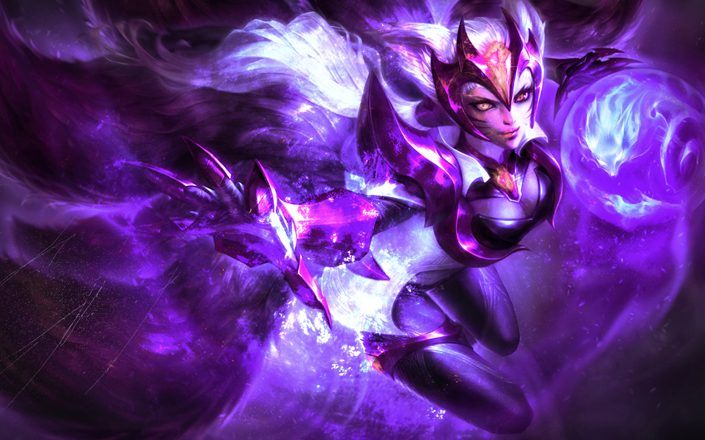 Ahri from League of Legends is depicted casting a glowing purple spell, surrounded by swirling dark energy in this vibrant video game illustration.
