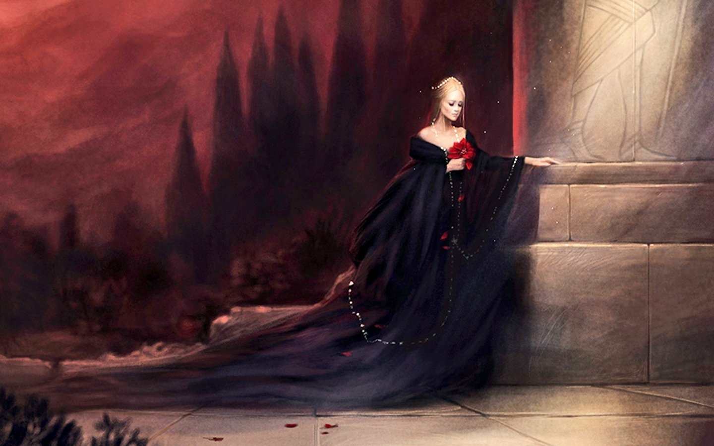 A sad fantasy woman in a flowing dark gown stands against a stone wall beneath a moody, red-hued sky and shadowy trees.