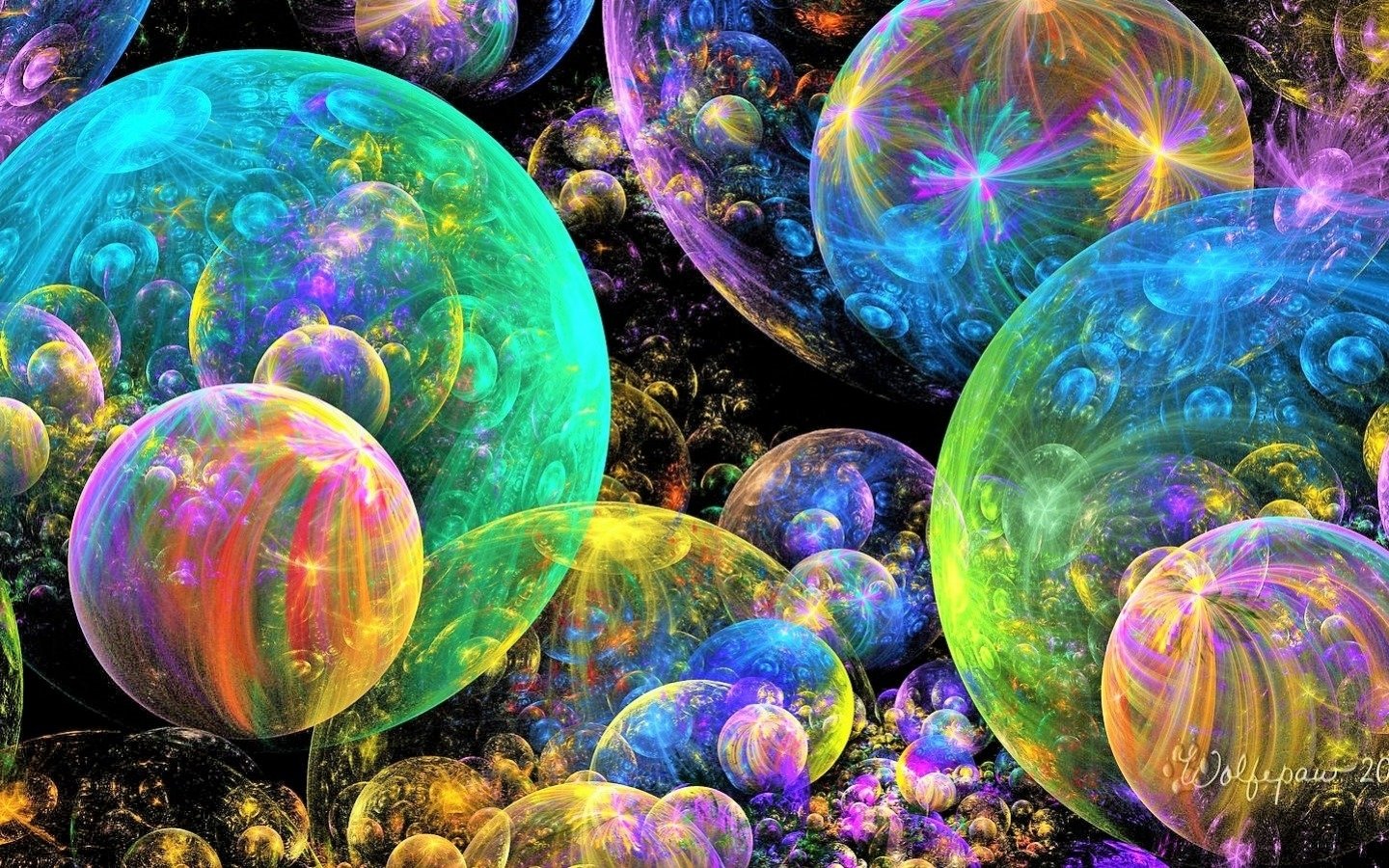 A vibrant abstract composition featuring colorful, translucent spheres resembling balloons floating against a dark, intricate background.