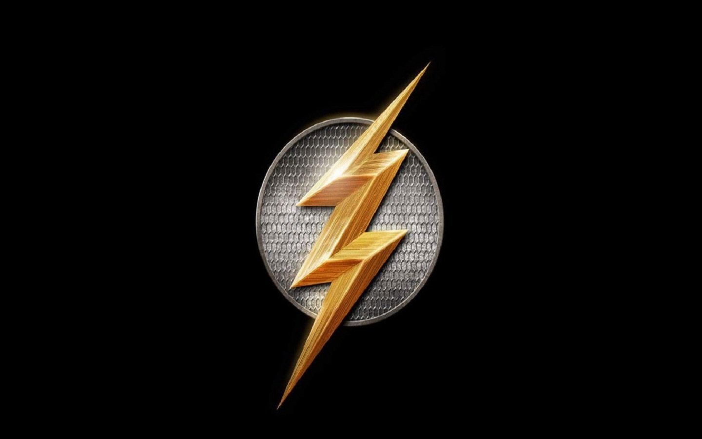 Black background featuring a sleek Flash superhero logo with a golden lightning bolt over a textured silver circle, embodying comic-style design.
