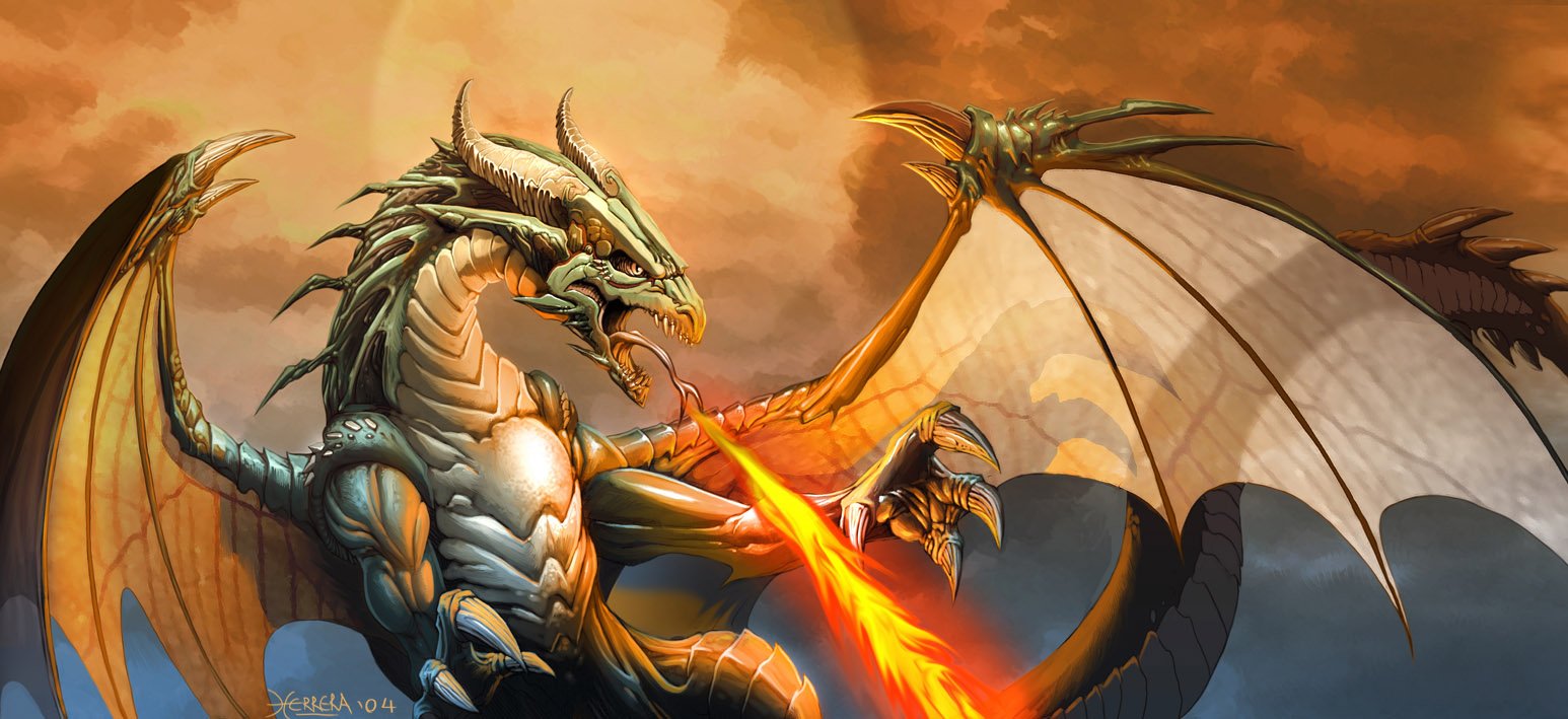 A majestic silver dragon with expansive wings breathes a roaring flame against a dramatic sunset backdrop, embodying the essence of fantasy and power.