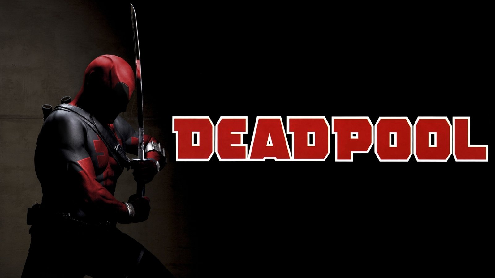 A silhouetted figure in a red and black bodysuit brandishes a sword, embodying Deadpool, the Merc with a Mouth, against a dark backdrop with bold DEADPOOL lettering.