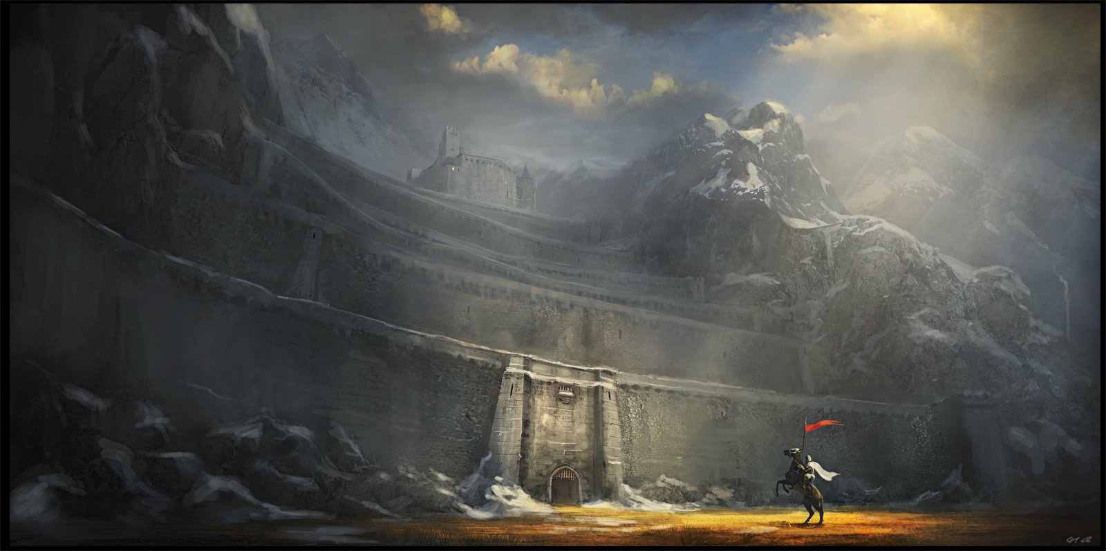 A knight stands at the entrance of a grand castle nestled in tiered mountains under a dramatic sky, with a pennant fluttering in the wind. The scene evokes a rich fantasy landscape.