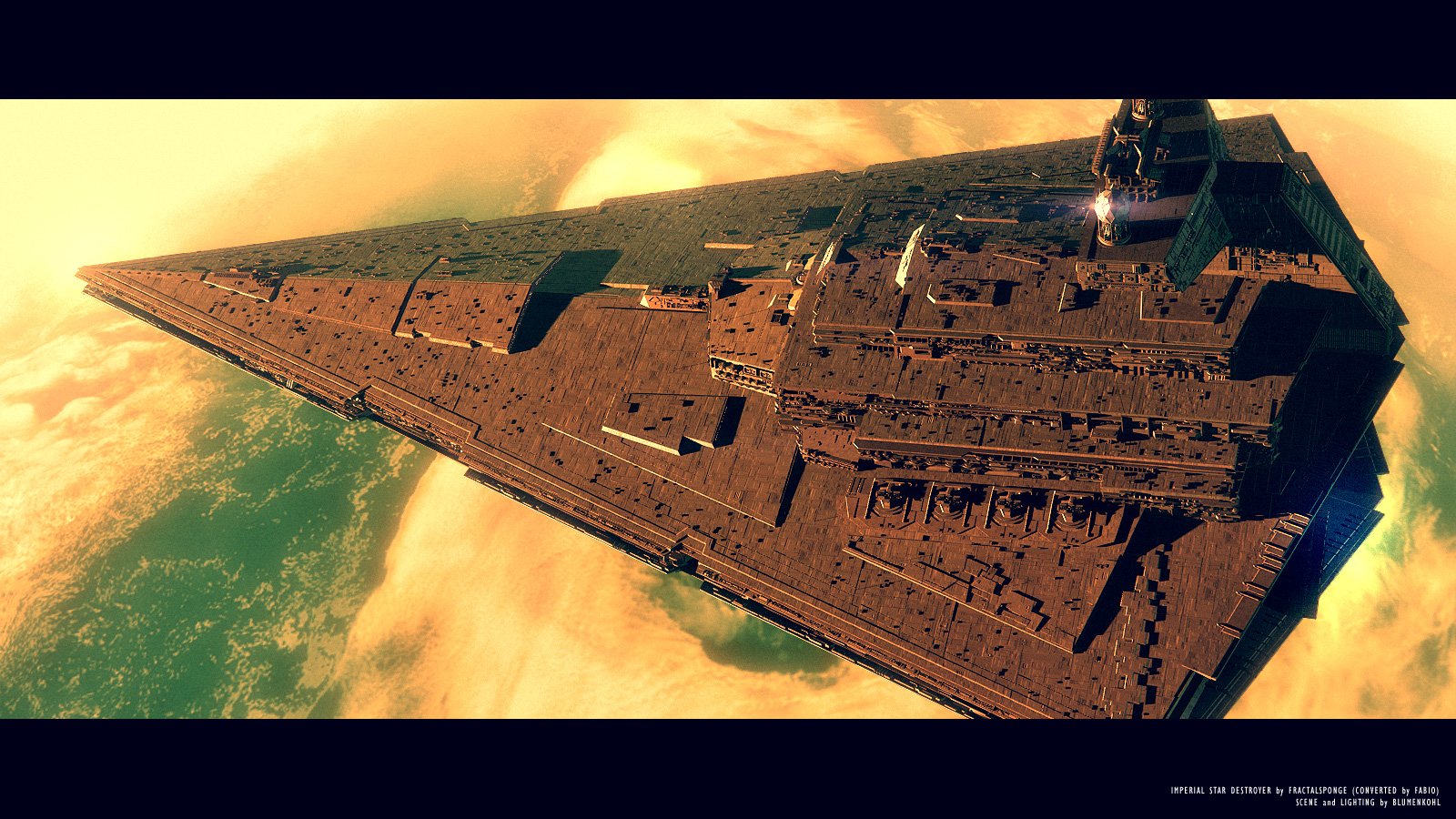 A detailed view of a massive Star Destroyer from the Star Wars universe, showcasing its iconic triangular shape against a colorful sci-fi backdrop.