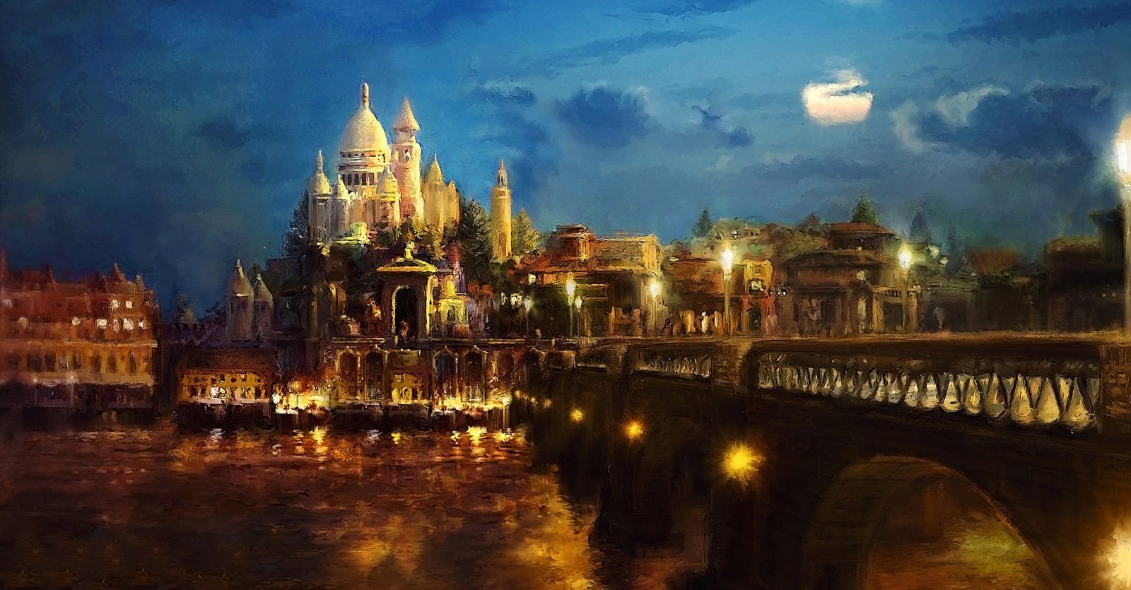 A vibrant artistic drawing of a dreamy landscape at night, featuring a majestic building illuminated under a moonlit sky, with a bridge crossing a shimmering body of water.