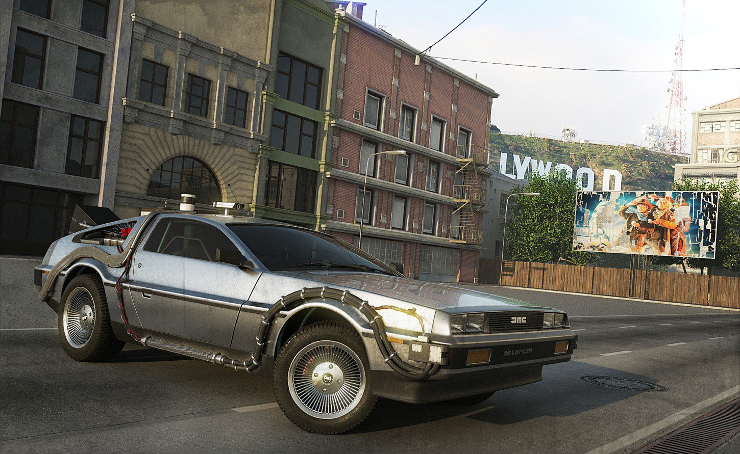 A sleek, silver DeLorean, iconic from the movie Back To The Future, drives down a city street lined with colorful buildings and signs, evoking a sense of adventure.