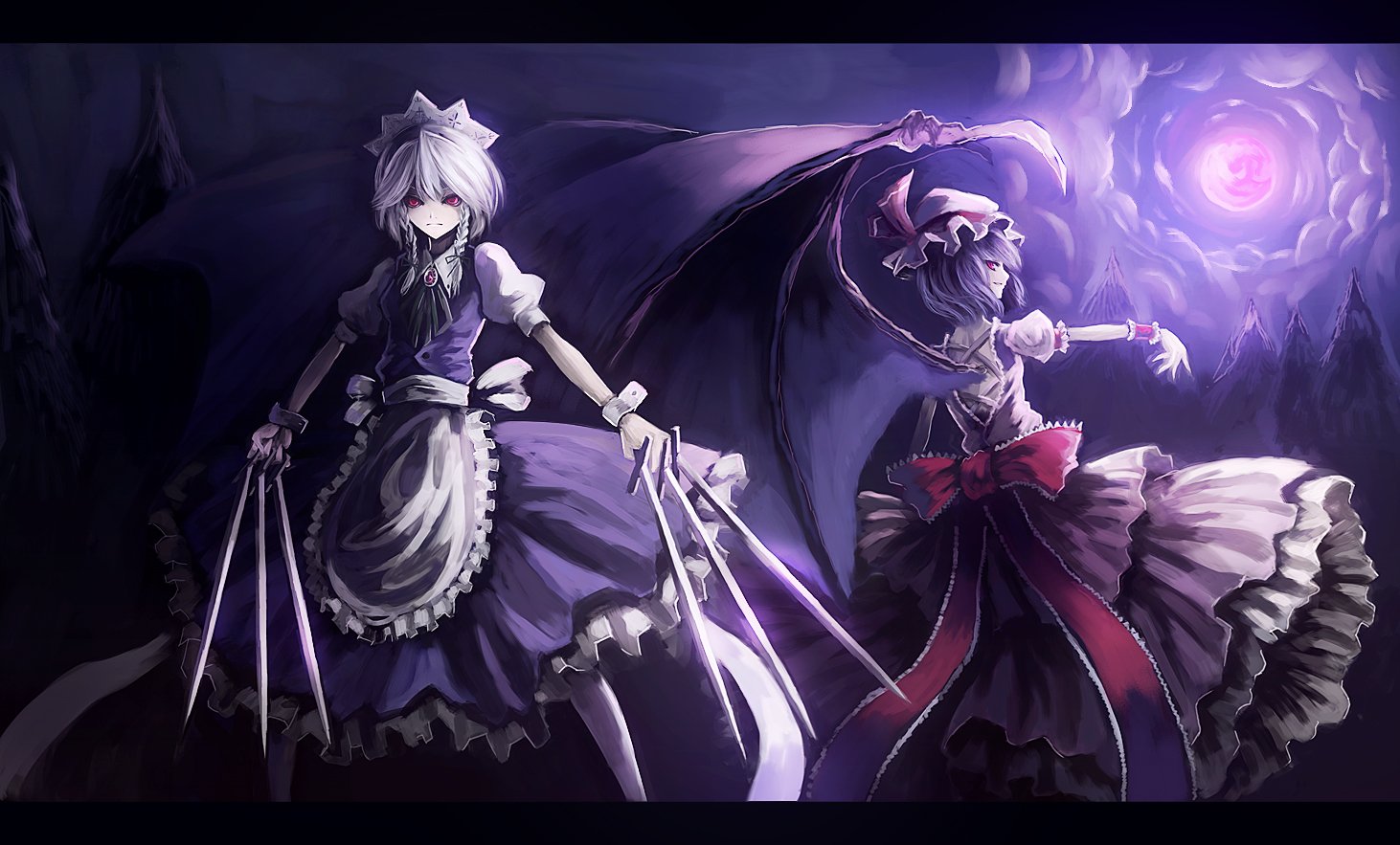 A dynamic scene featuring Sakuya Izayoi with white hair and wings holding a sword, alongside Yumeko and Remilia Scarlet, both exuding an elegant vampire aura in dark, atmospheric surroundings.