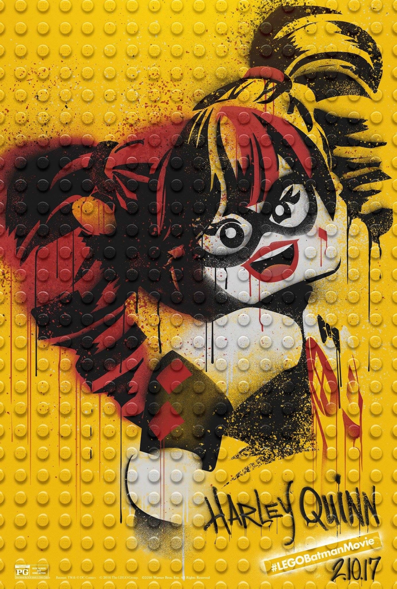 Poster of Lego Harley Quinn from The Lego Batman Movie — a graffiti-style minifigure with red-and-black pigtails and mask on a yellow Lego-stud background.