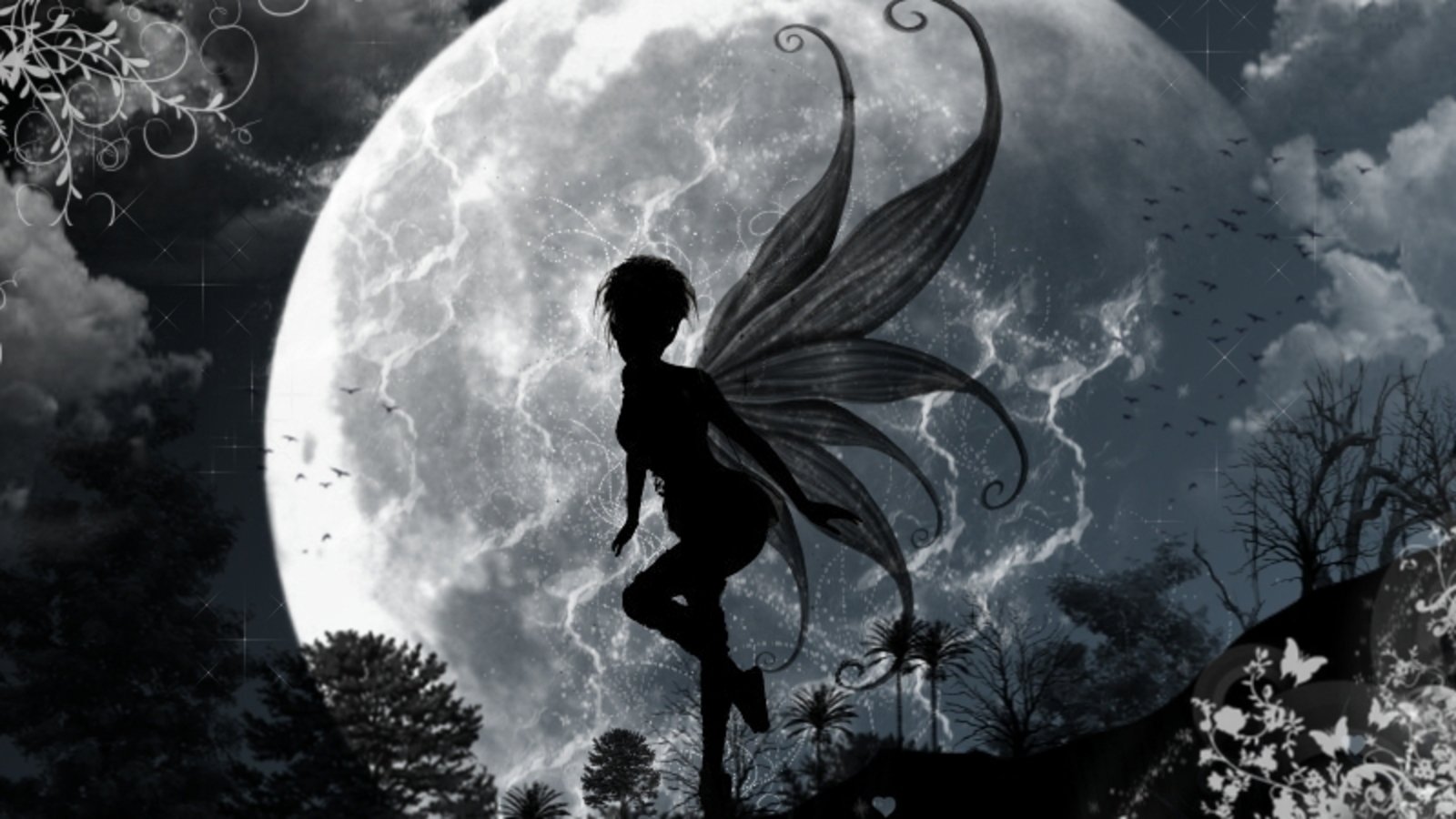A silhouette of a fairy with large wings dances against a backdrop of a full moon, surrounded by dark trees and a mystical night sky.