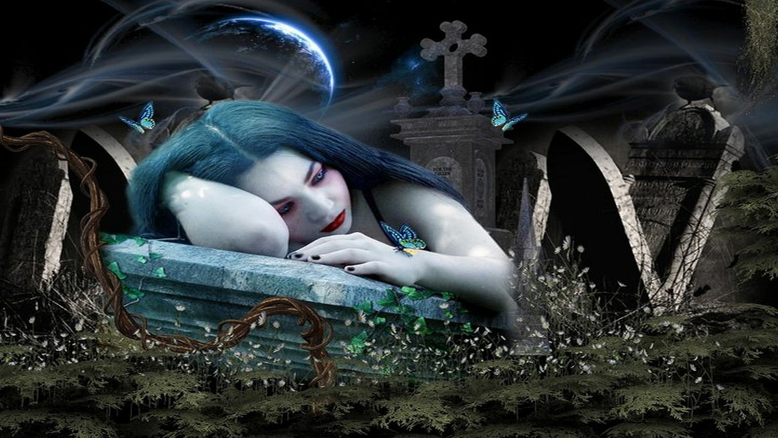 A dark, gothic scene featuring a pale woman with blue hair resting on a coffin, surrounded by mist, gravestones, and an ethereal atmosphere filled with butterflies.