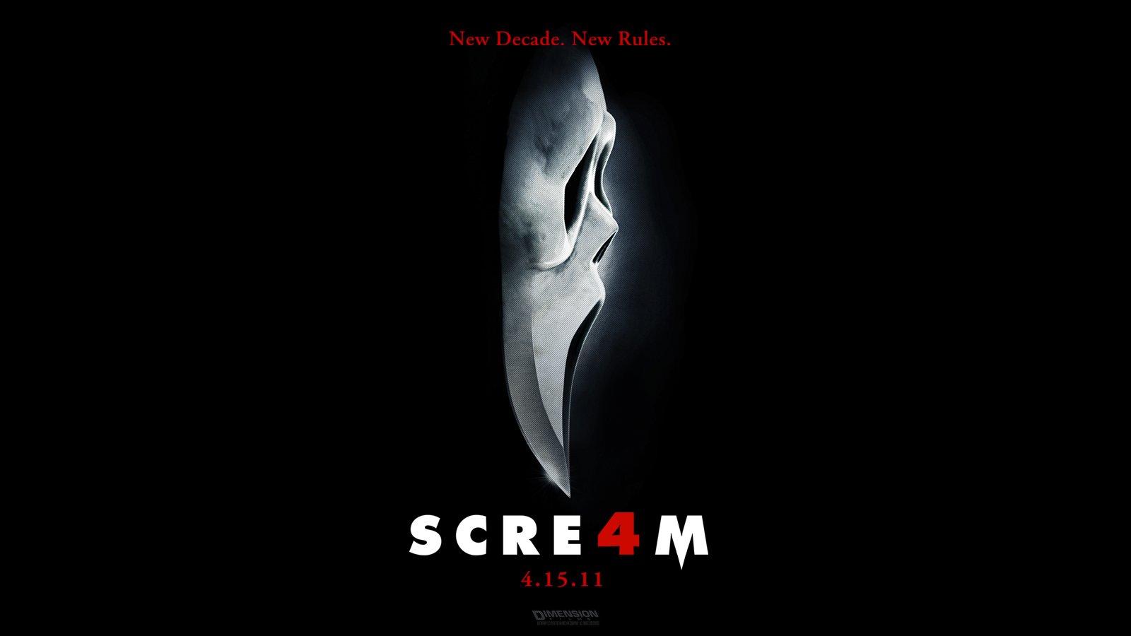A promotional poster for Scream 4, featuring the iconic mask and the tagline New Decades. New Rules, with the release date of 4.15.11 prominently displayed.
