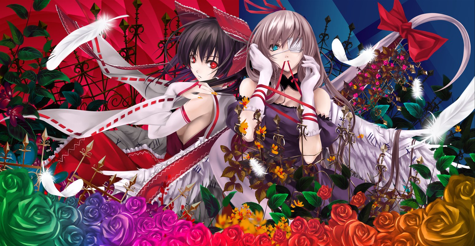 Reimu Hakurei and Yukari Yakumo from Touhou anime, surrounded by vibrant multicolored roses and floating white feathers against a dramatic red background.