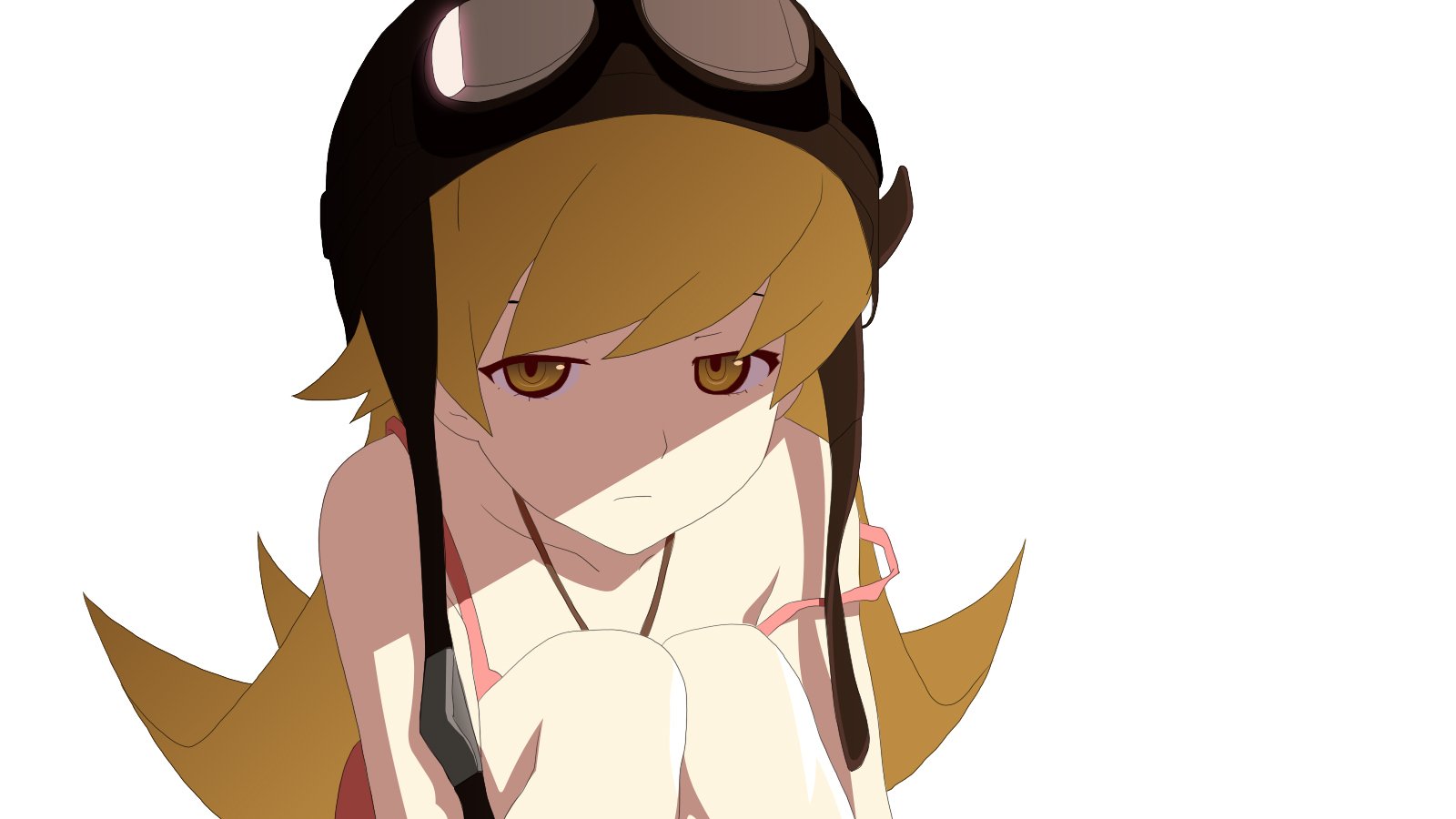 Anime-style illustration of Shinobu Oshino from the Monogatari series, featuring her with blonde hair, wearing a dark aviator hat and large goggles.