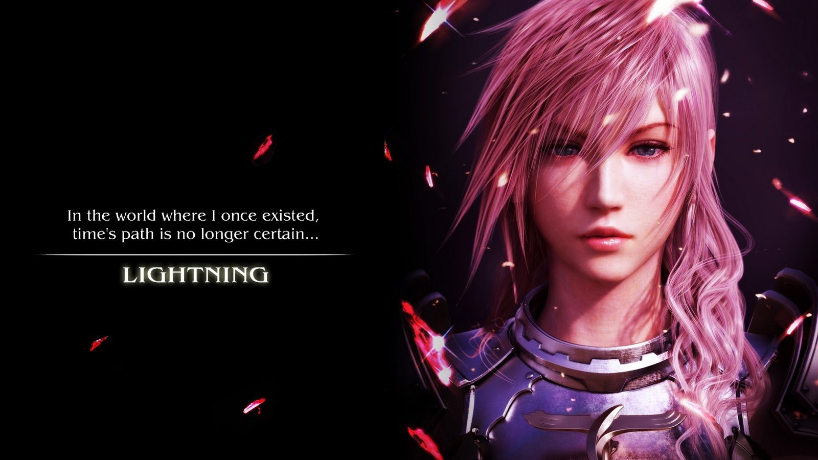 Portrait of Lightning from Final Fantasy XIII-2 alongside her quote about uncertain time’s path in the world she once existed in.