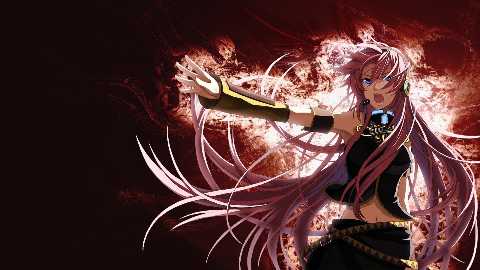 A dynamic illustration of Luka Megurine from the anime Vocaloid, showcasing her striking pink hair and confident pose against a fiery background.