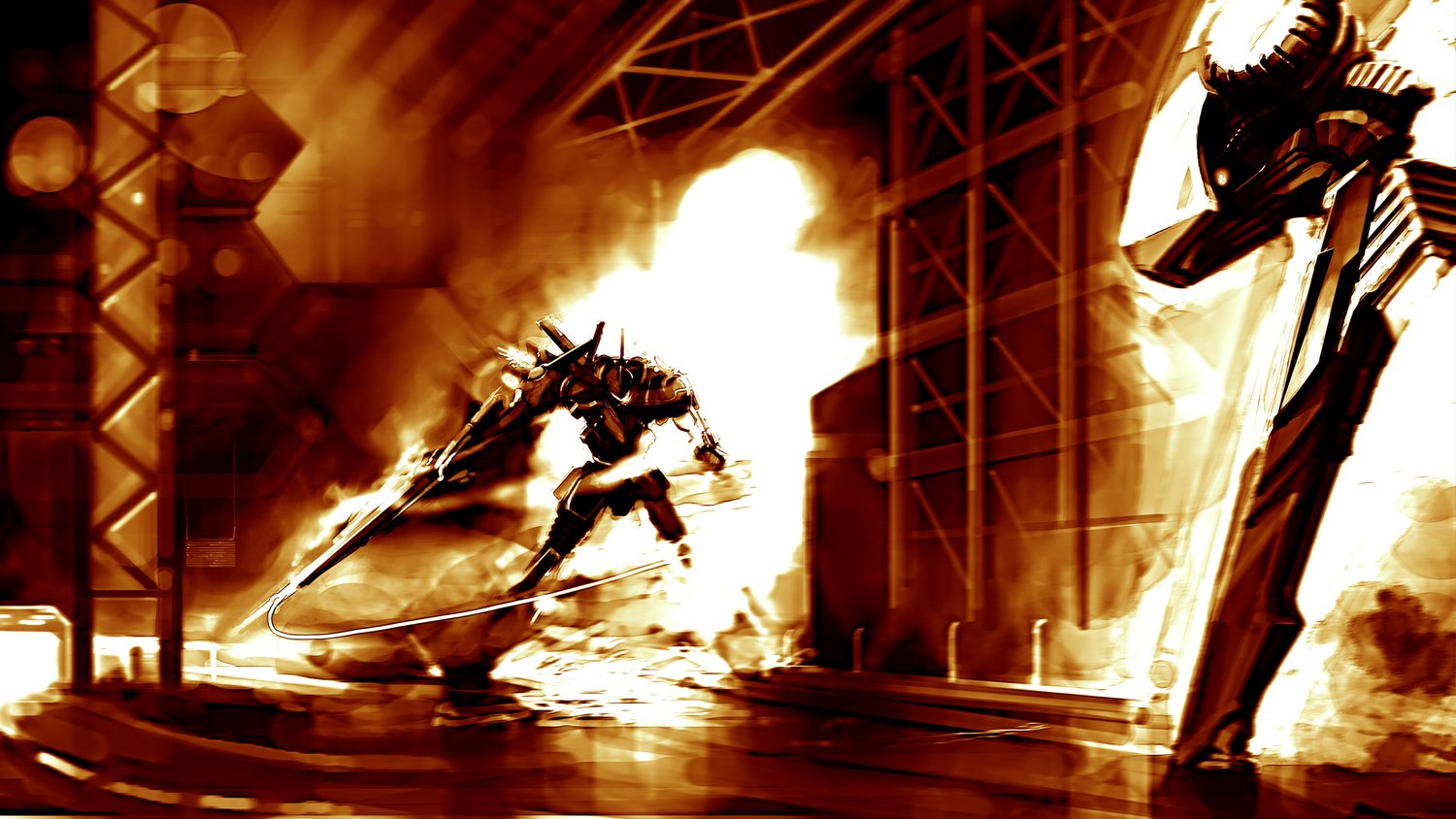 A dynamic scene from the video game Armored Core, featuring a mech in a dramatic, industrial environment with intense lighting and contrasting shadows.