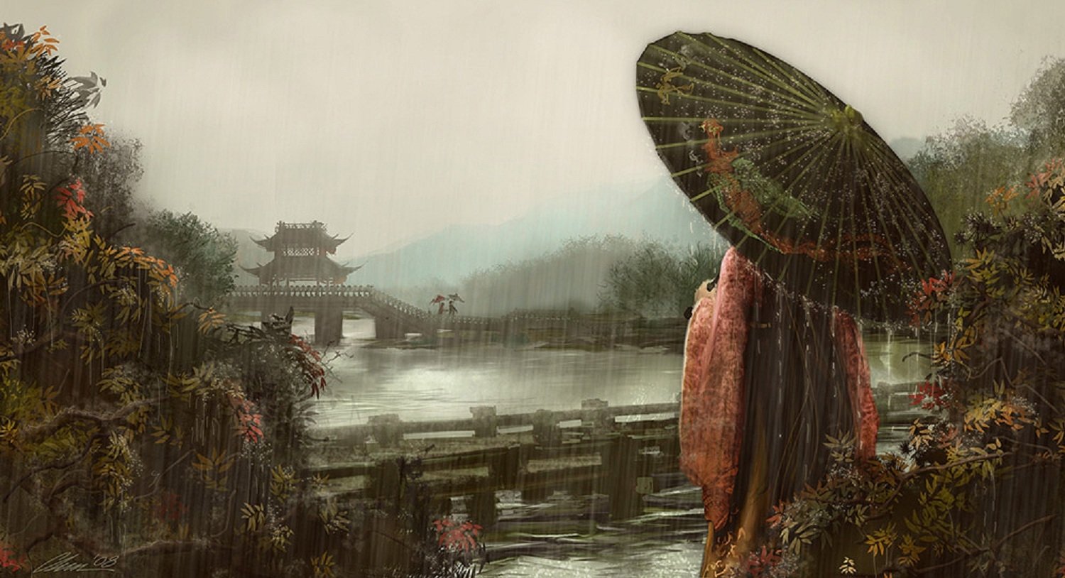 A serene oriental landscape in a fantasy setting features a figure with a parasol standing by a tranquil river, framed by lush greenery and mist-shrouded mountains in the distance.