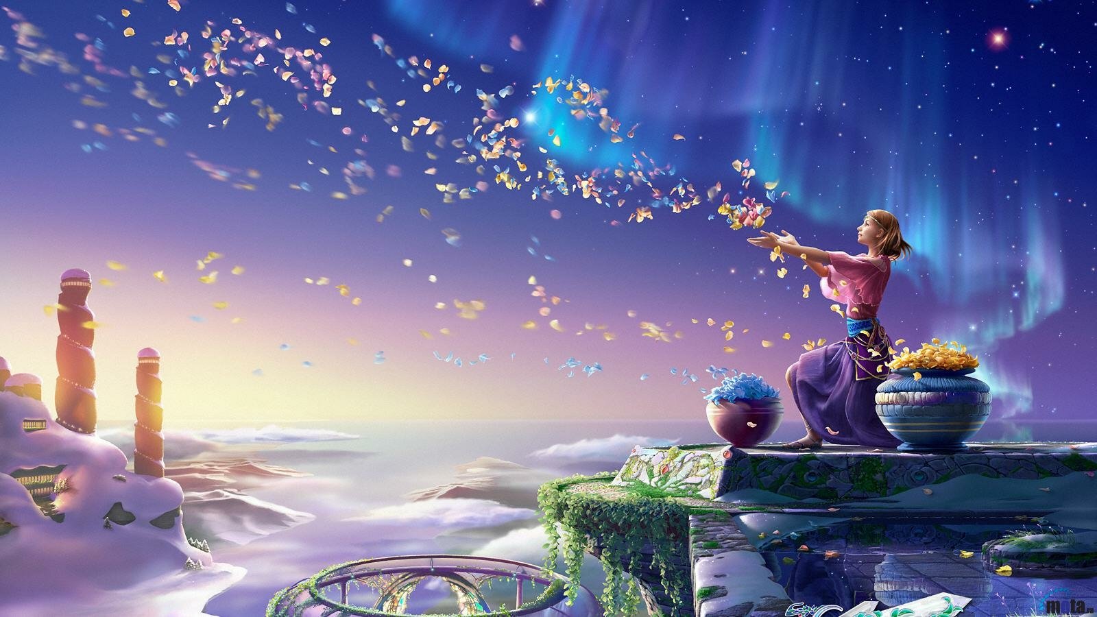 A woman stands on a mystical platform surrounded by vibrant colors, casting sparkles into the air against a backdrop of an enchanting fantasy landscape.