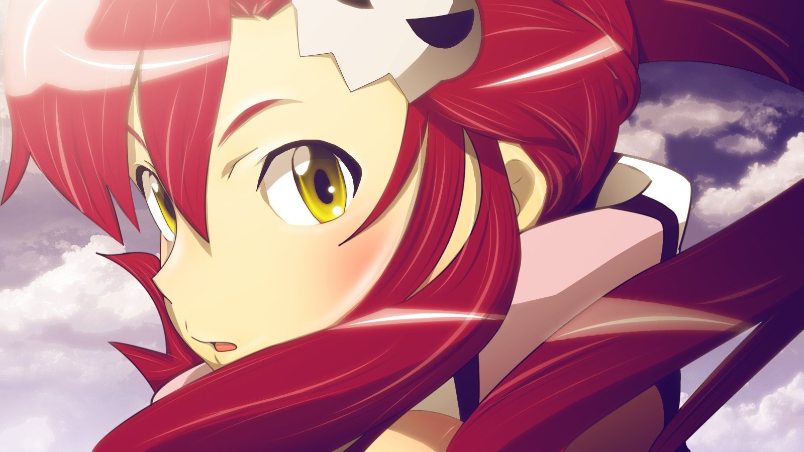 An anime character from Tengen Toppa Gurren Lagann, featuring vibrant red hair and striking yellow eyes, gazes thoughtfully against a backdrop of clouds.