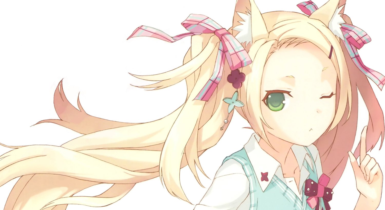 A whimsical anime girl with long blonde hair and cat ears, adorned with colorful ribbons and a playful expression, showcasing her unique style and charm.