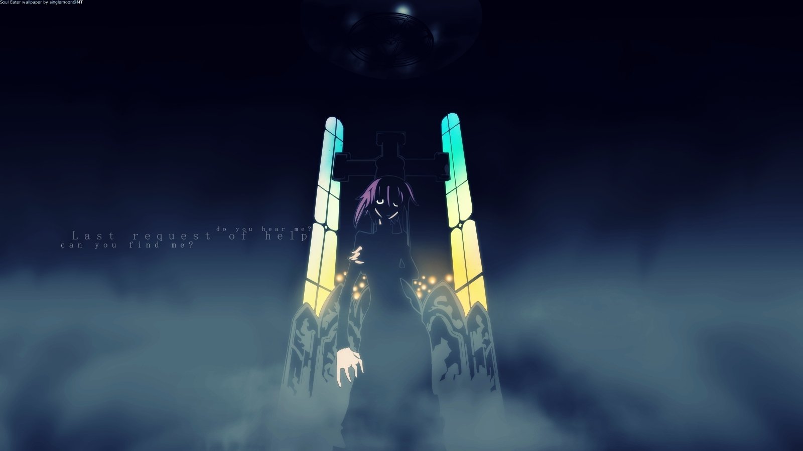 Crona from *Soul Eater* stands amidst mist, framed by vibrant stained glass windows that illuminate the dark atmosphere, embodying the anime's haunting aesthetic.