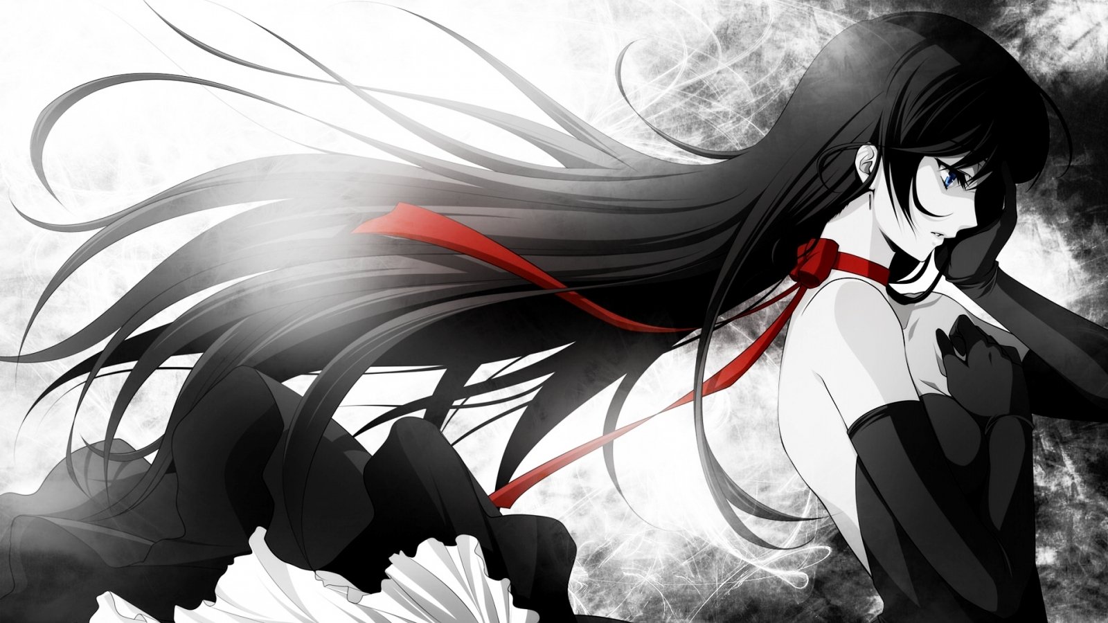 A striking anime illustration of a woman with long black hair, wearing a dark outfit and a red ribbon, set against a misty background, conveying a sense of mystery and elegance.