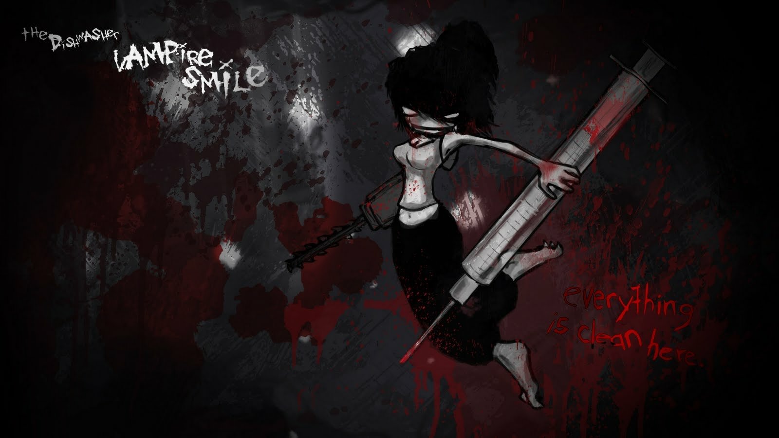 Dark, stylized artwork of a blood-splattered, blindfolded fighter wielding a giant cleaver and rifle — from the video game The Dishwasher: Vampire Smile.