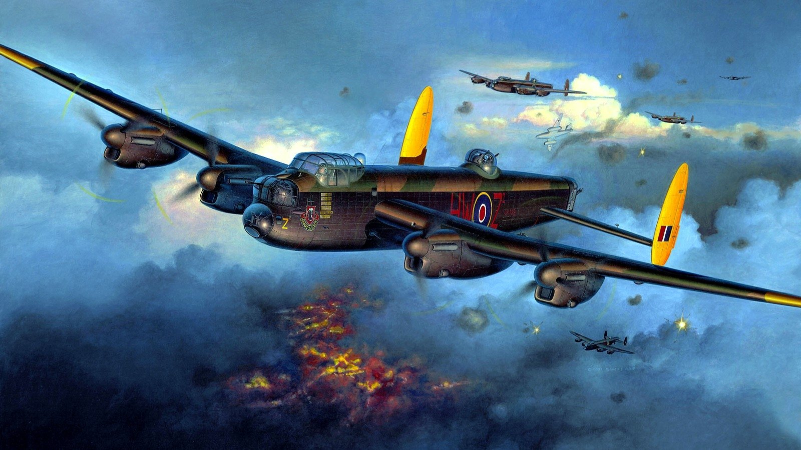 A military Avro Lancaster bomber flies over a fiery battlefield during a nighttime operation, accompanied by several other aircraft in the distance.