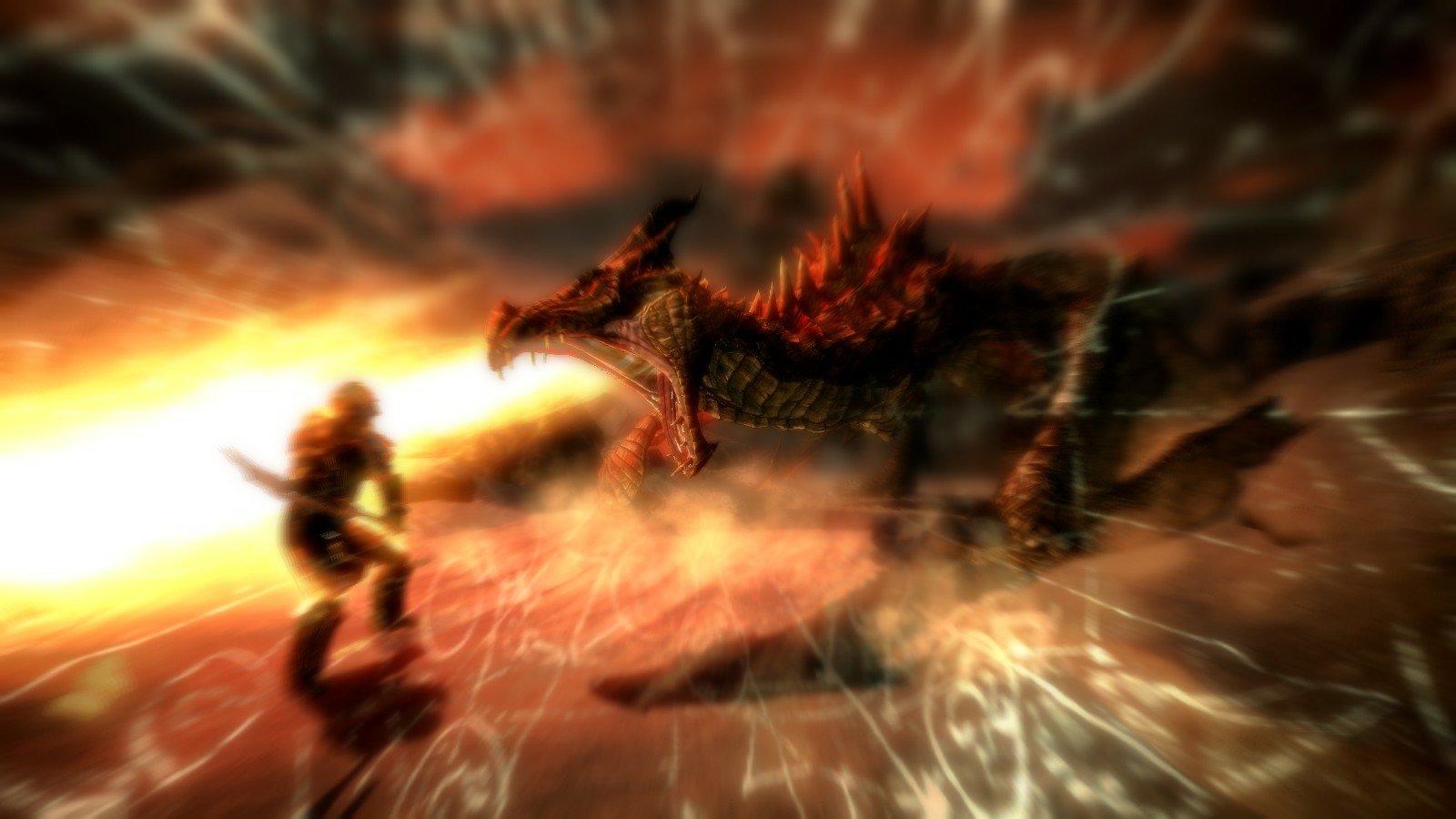 A fierce dragon breathes fire at a warrior in a dramatic battle scene from the video game The Elder Scrolls V: Skyrim.
