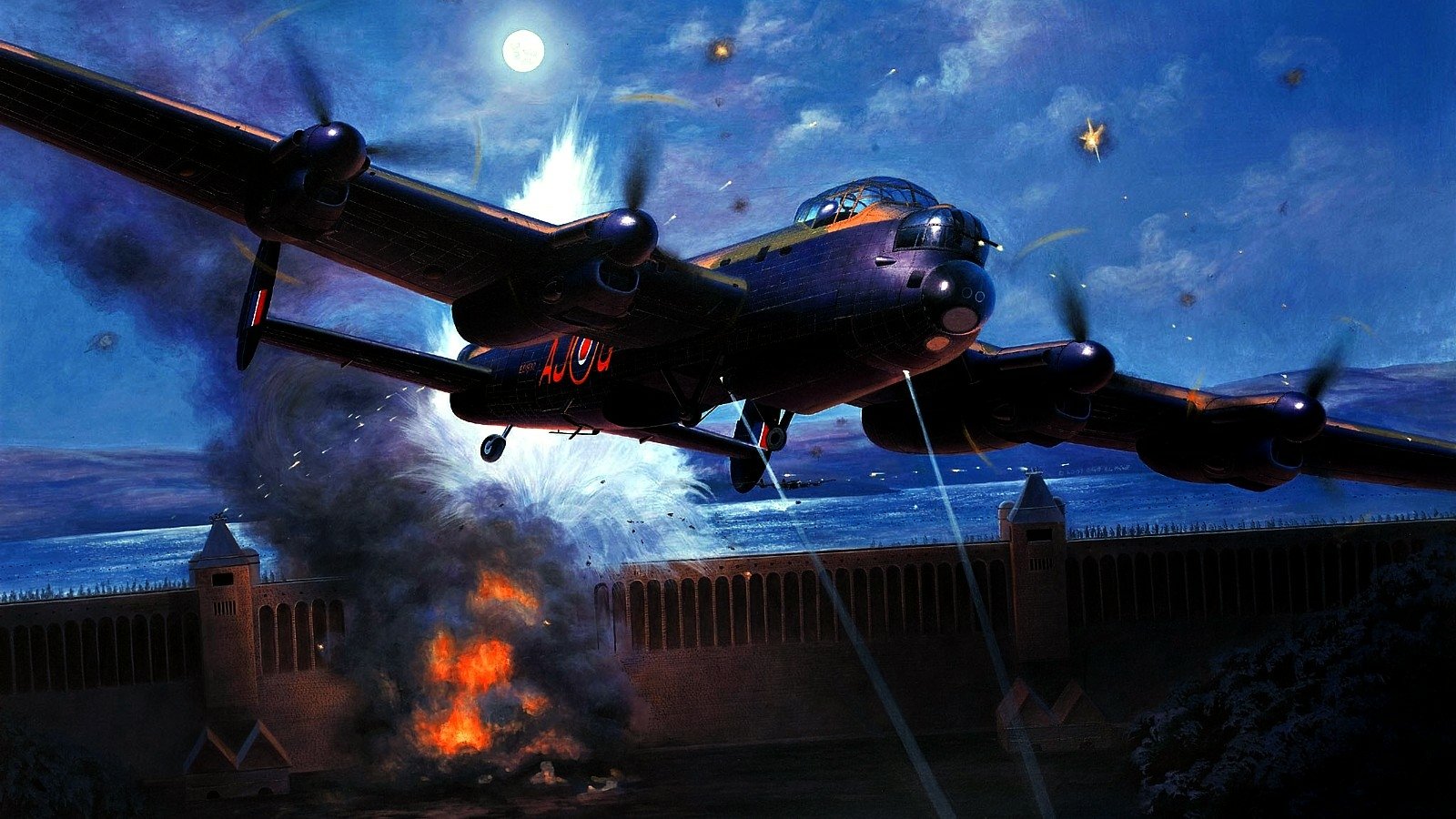 A military Avro Lancaster bomber flies low over a fortress wall at night, with explosions and tracer fire illuminating the scene under a full moon.