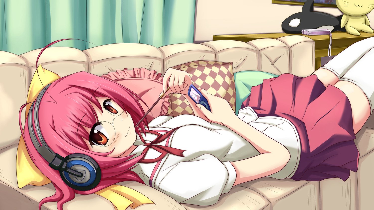 Kanon Nakagawa from The World God Only Knows relaxes on a couch, wearing headphones, enjoying snacks, and using her phone, surrounded by a cozy home setting.