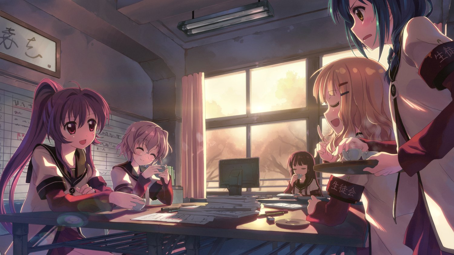 A vibrant scene from YuruYuri, showcasing five characters in a classroom, engaged in activities with a warm sunset glow filtering through the windows.