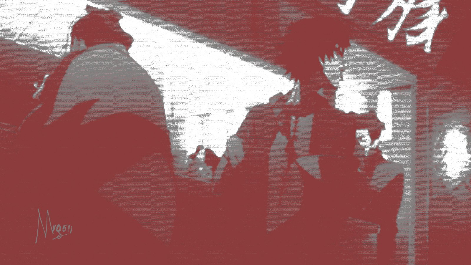 Scene from the anime Samurai Champloo featuring two samurai characters in a stylized, red-tinted setting.