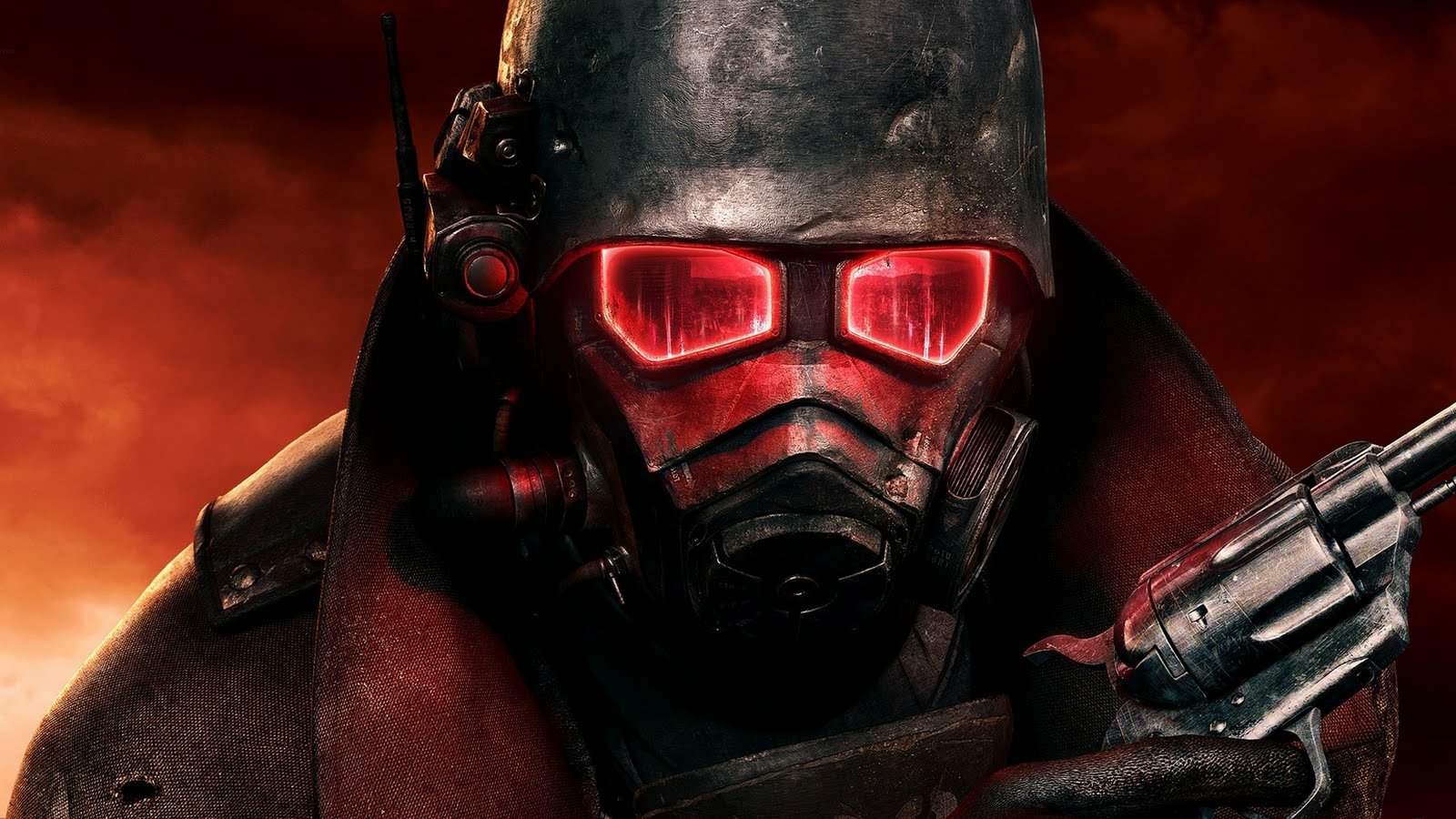 A menacing figure in a dark helmet with glowing red eyes, wielding a gun, embodies the dystopian world of the Fallout video game series. The background is fiery and apocalyptic.