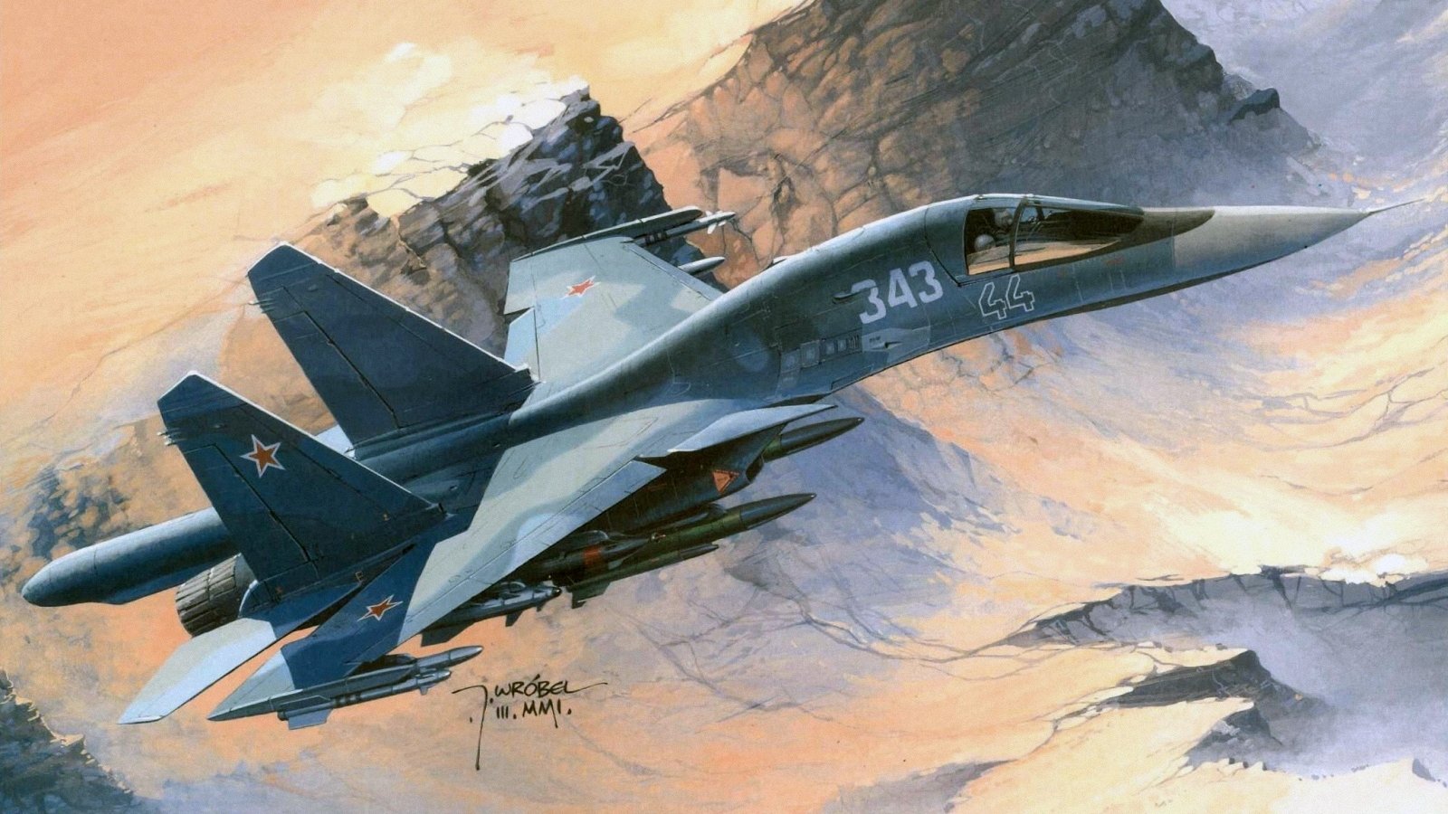 A military aircraft soars over rugged mountainous terrain, showcasing its sleek design and camouflaged paint.