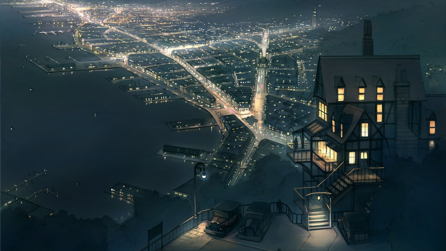 A stunning anime-style cityscape at night, showcasing a beautifully illuminated urban landscape from a high vantage point, with a charming house in the foreground.