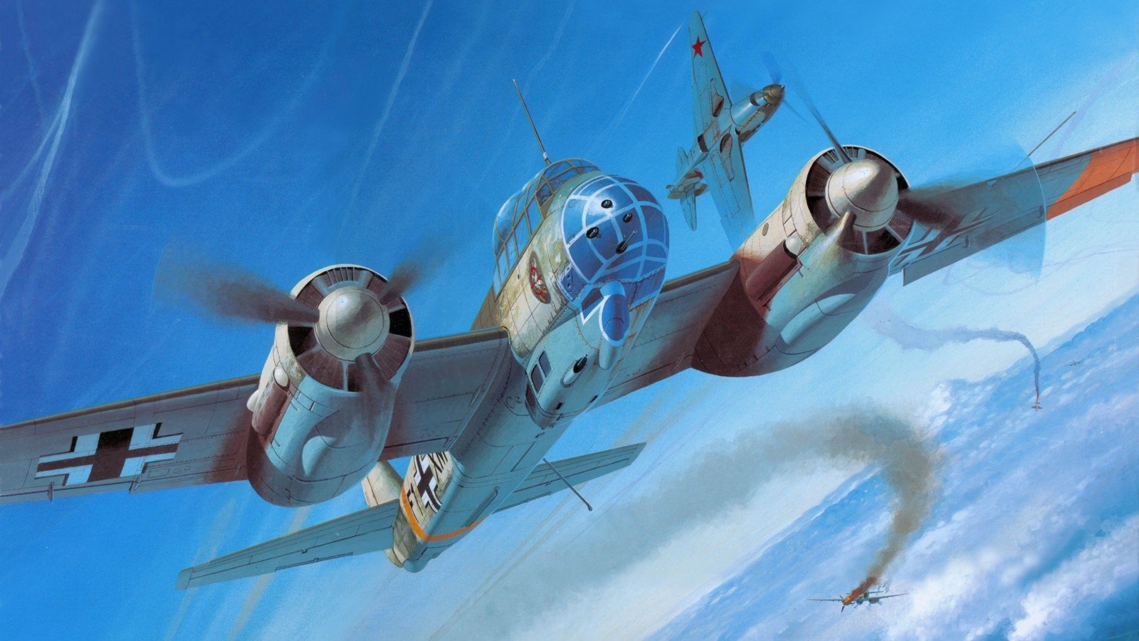 Military aircraft engage in an aerial dogfight, with one plane in the foreground and others maneuvering in the background against a blue sky.