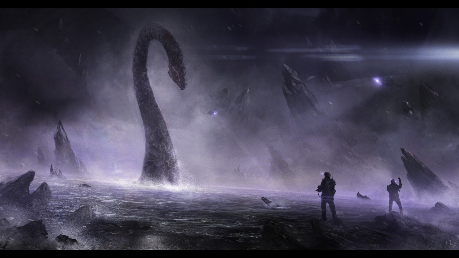 A dark, misty fantasy scene depicts a towering sea monster emerging from turbulent waters as two silhouetted figures watch from a rocky shore.