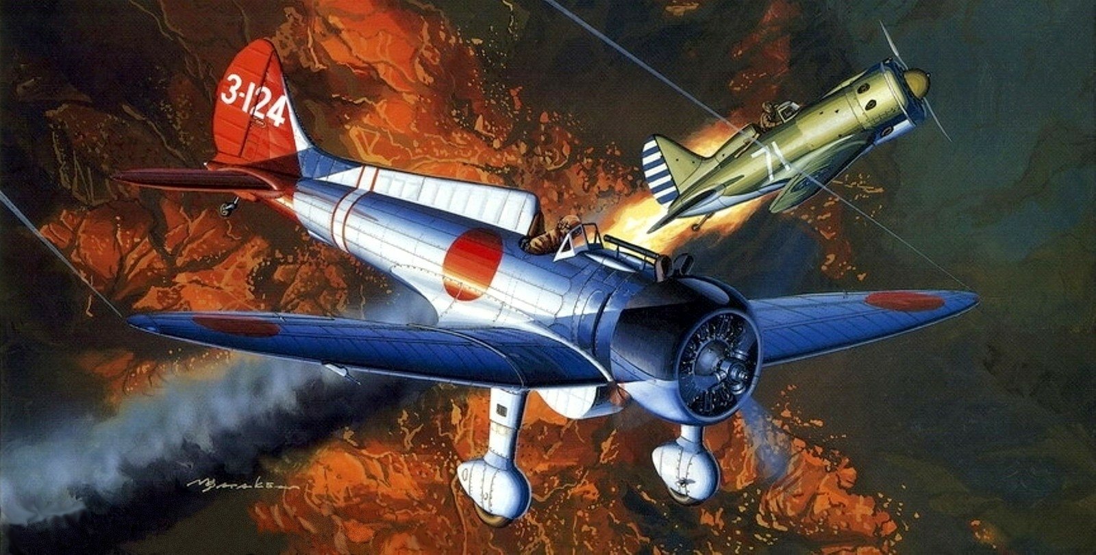 Two military aircraft engaged in aerial combat against a rugged, mountainous backdrop during wartime.