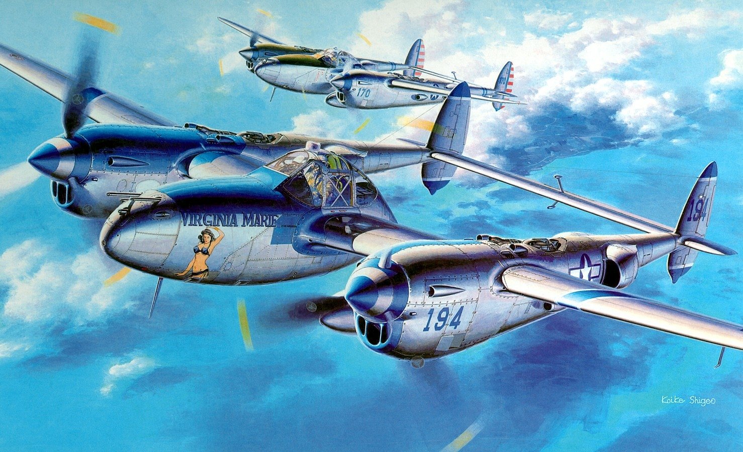 Three military aircraft soar through a bright blue sky, showcasing their sleek designs in an impressive aerial scene. The focus is on the vibrant details of each plane.