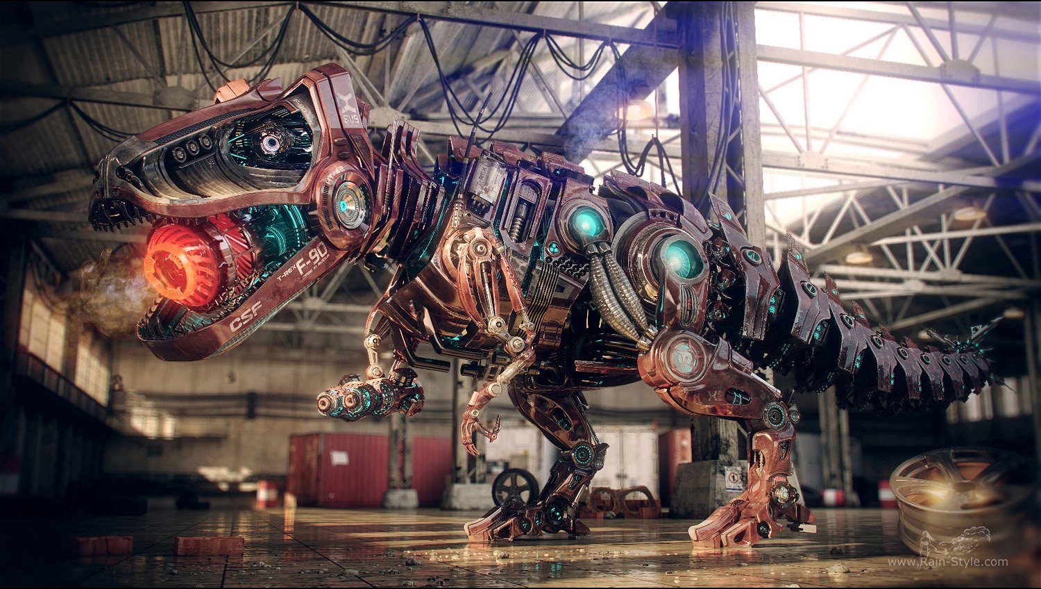 A futuristic robotic Tyrannosaurus Rex stands in a spacious warehouse, featuring intricate metallic details and glowing elements, embodying a fusion of sci-fi and prehistoric power.